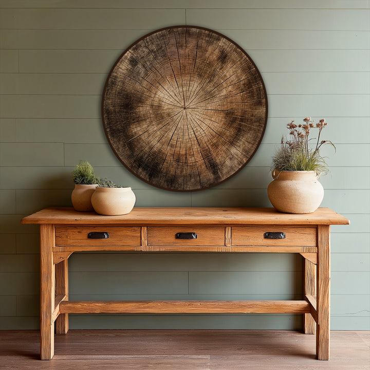 Sage green horizontal planks create a rustic yet modern backdrop for the timeless growth oil painting artwork, enhancing the natural wood texture of the piece.