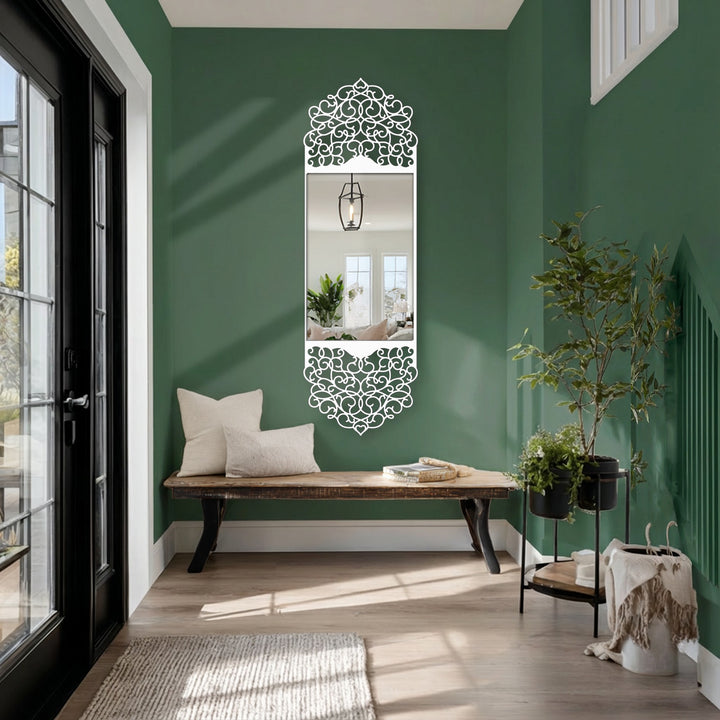 Featuring a smooth black finish on its metal frame, this ornate arabesque arch floor mirror exemplifies modern mirror design with elegant detailing.