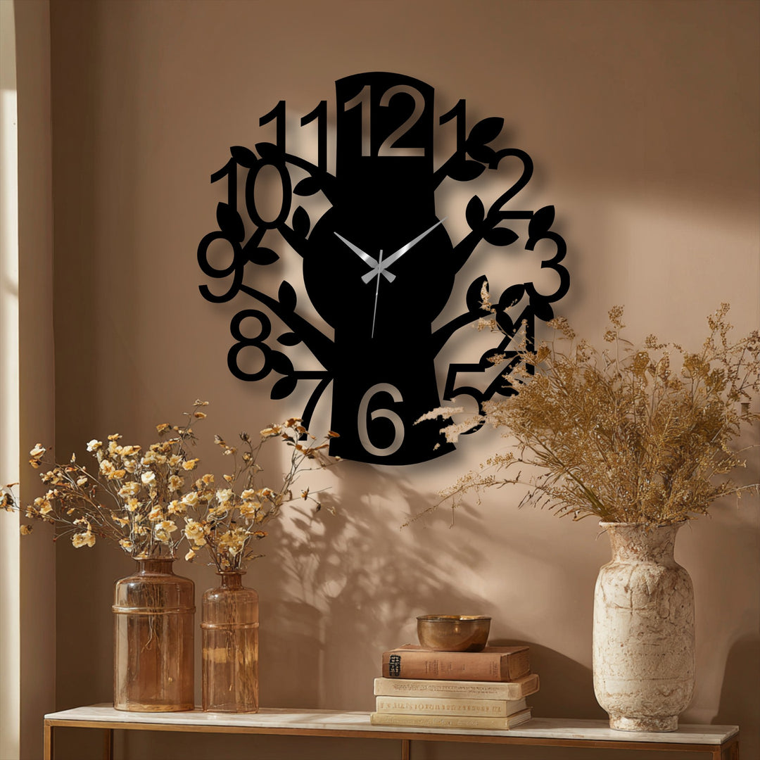 A nature branch metal artwork clock stands as the focal point, boasting a modern tree design that enhances any home decoration.