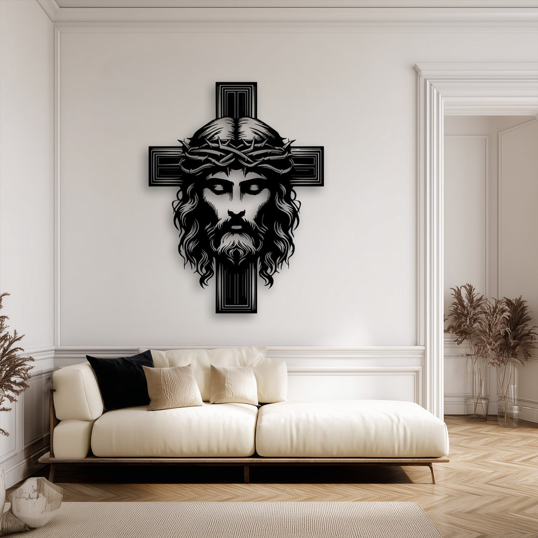 The realistic detail of this Sacred Cross with Christ metal art for wall masterfully captures intricate facial features and a thorny crown.