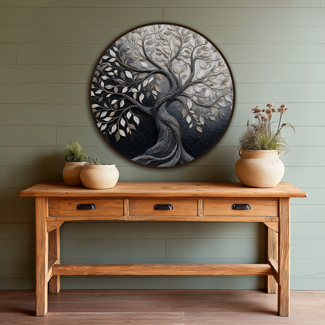 Olive green horizontally paneled wall highlights a round, dual tone Tree of Life as a modern oil painting wall art with striking contrast.