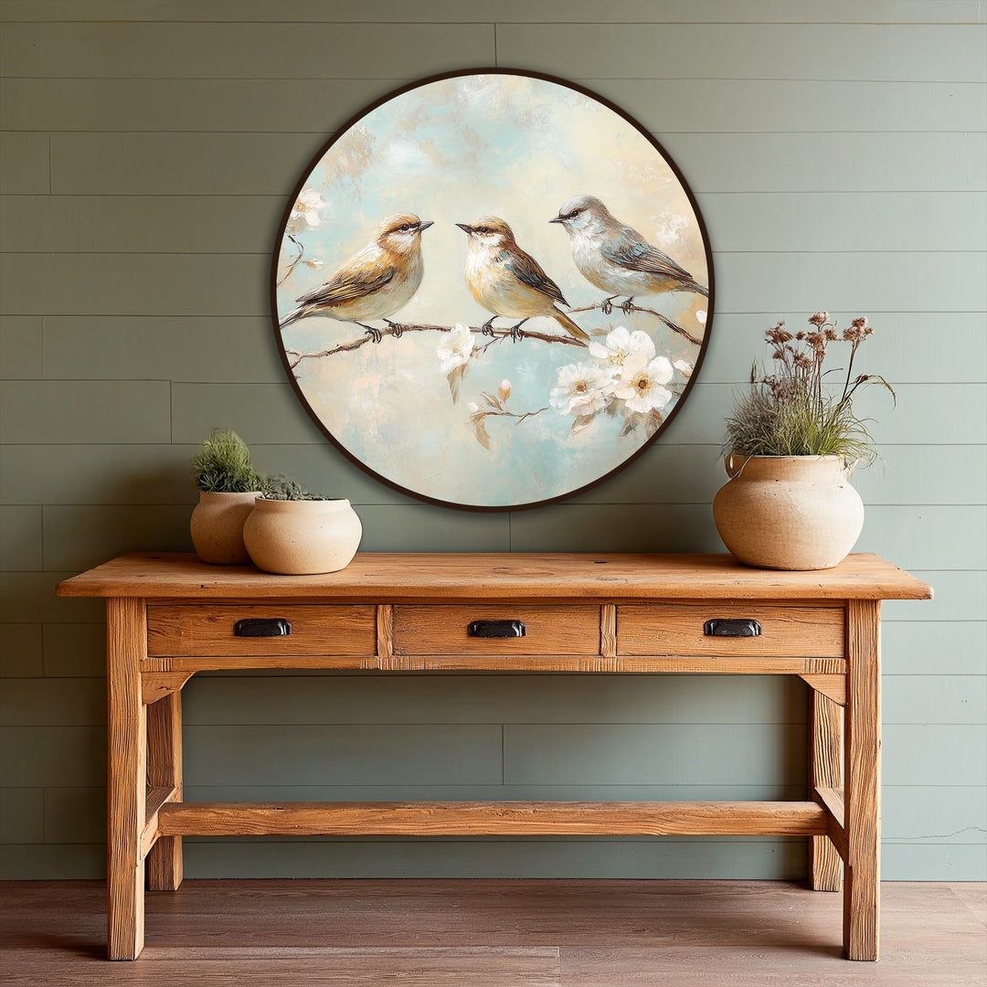 The focal point of this oil painting wall art highlights three delightful songbirds perched on a blossoming branch, creating a charming and peaceful floral round oil painting.