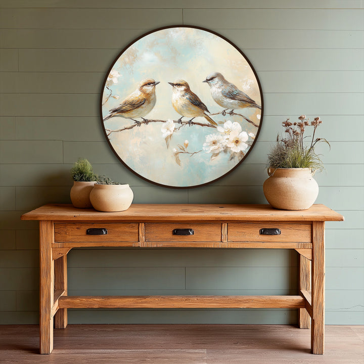 The focal point of this oil painting wall art highlights three delightful songbirds perched on a blossoming branch, creating a charming and peaceful floral round oil painting.