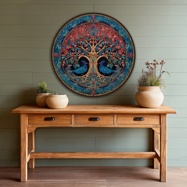 The stillness of this ornate tree of life round oil painting wall art is accented by perched bluebirds amidst ruby blossoms, a symbolic piece.