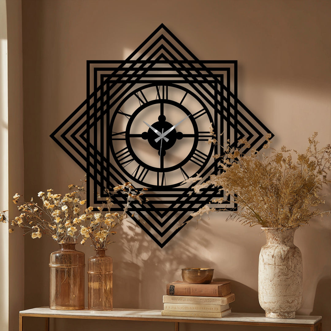 Black dominates this geometric layered frame Roman numeral metal wall clock, making it a striking and unique metal wall art piece for modern decor.