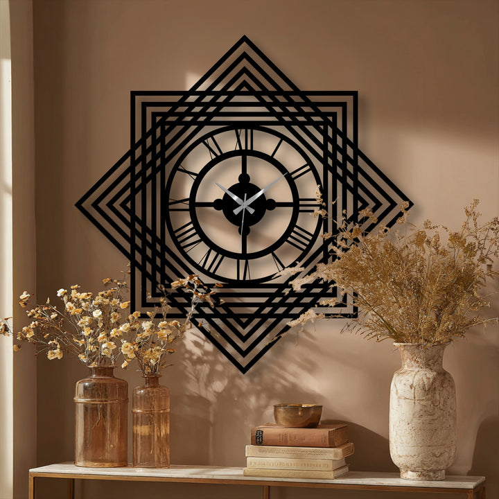 Black dominates this geometric layered frame Roman numeral metal wall clock, making it a striking and unique metal wall art piece for modern decor.
