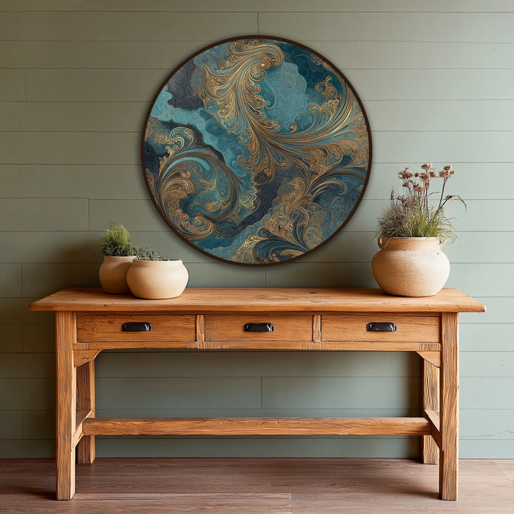 Flowing strokes of teal and gold create a dynamic sense of movement in this abstract round oil painting home decor piece titled 'Gilded Ocean Whispers.'