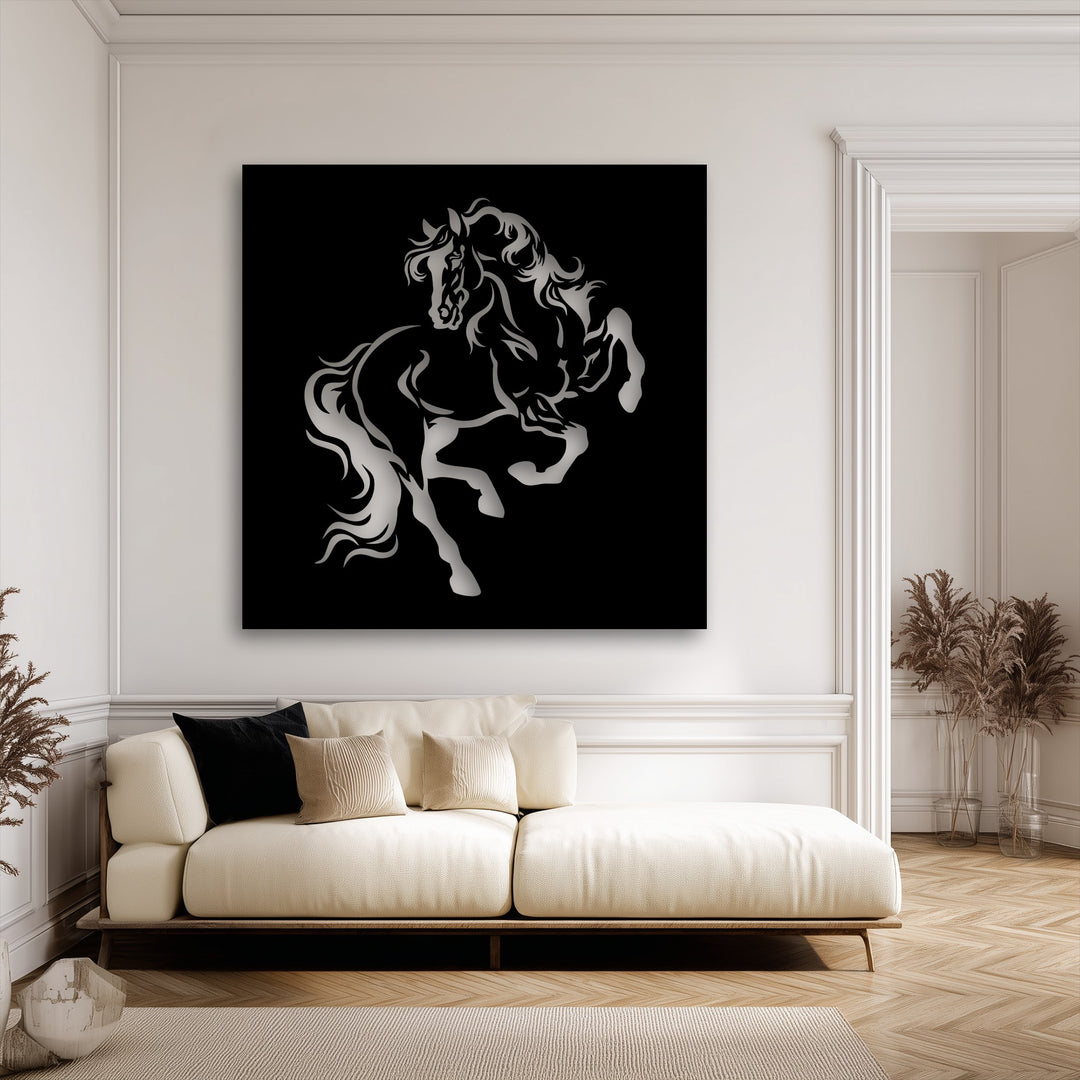A refined background of white walls with decorative moldings, a light wooden herringbone floor, and dried plants frames the striking rearing horse silhouette metal artwork.