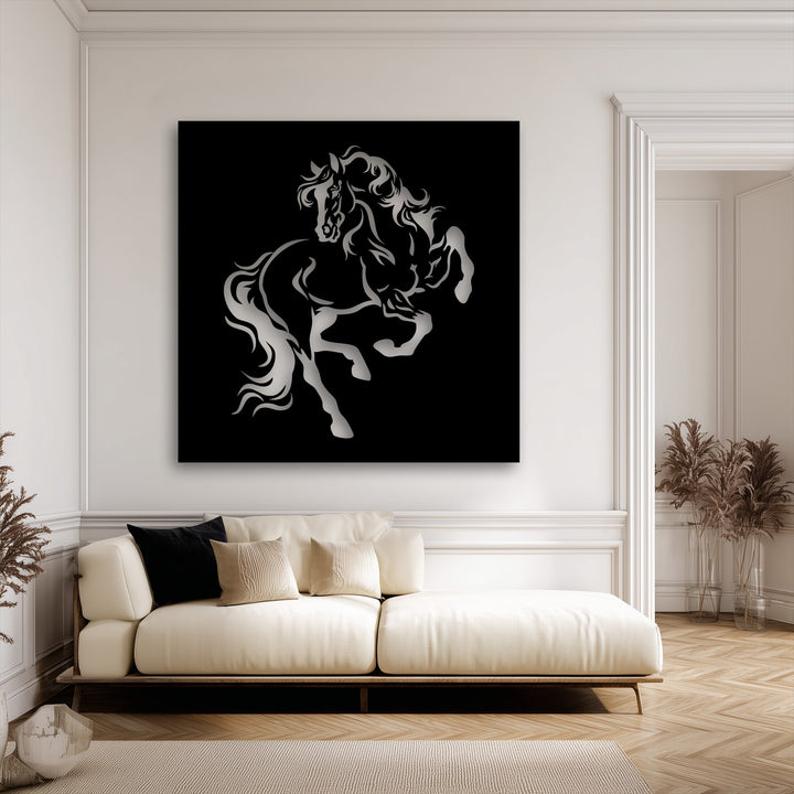 A refined background of white walls with decorative moldings, a light wooden herringbone floor, and dried plants frames the striking rearing horse silhouette metal artwork.