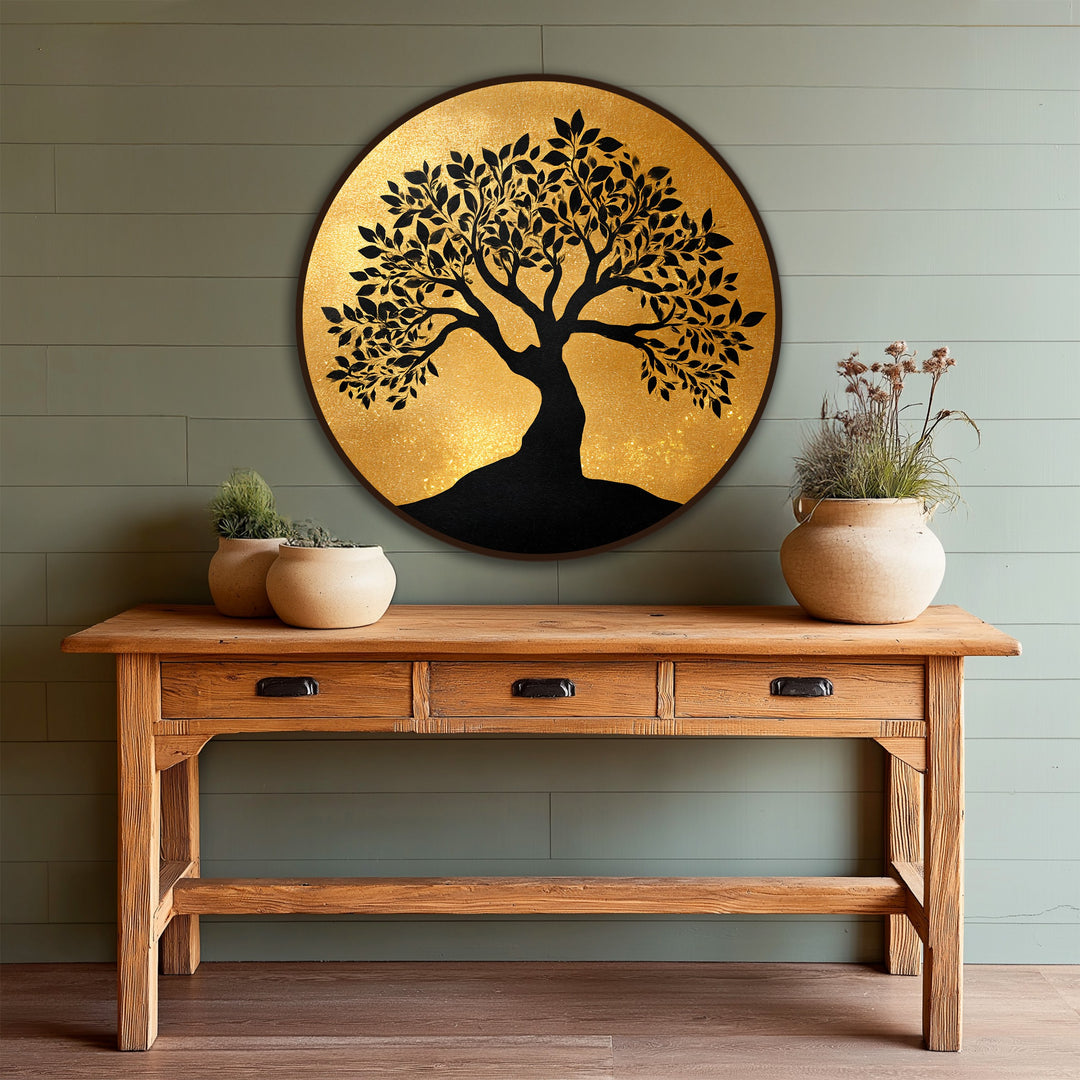 Gleaming with a luminous golden finish, this round oil painting wall art features a captivating tree silhouette on wood.
