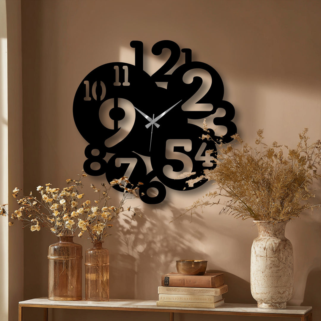 Showcasing the realistic detail of a modern metal wall clock with overlapping numbers, this decoration wall art offers a stylish and functional timepiece.