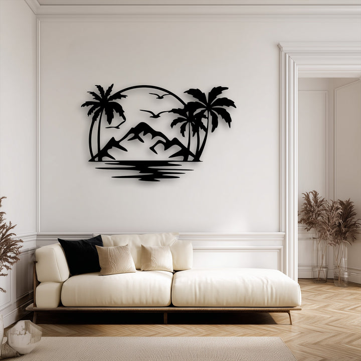 The striking color contrast of the black tropical island paradise unique metal wall art against the crisp white wall.