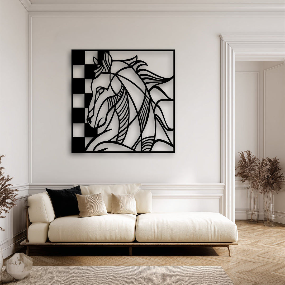 The layering effect of this abstract horse head unique metal wall art creates a captivating shadow depth against the wall.