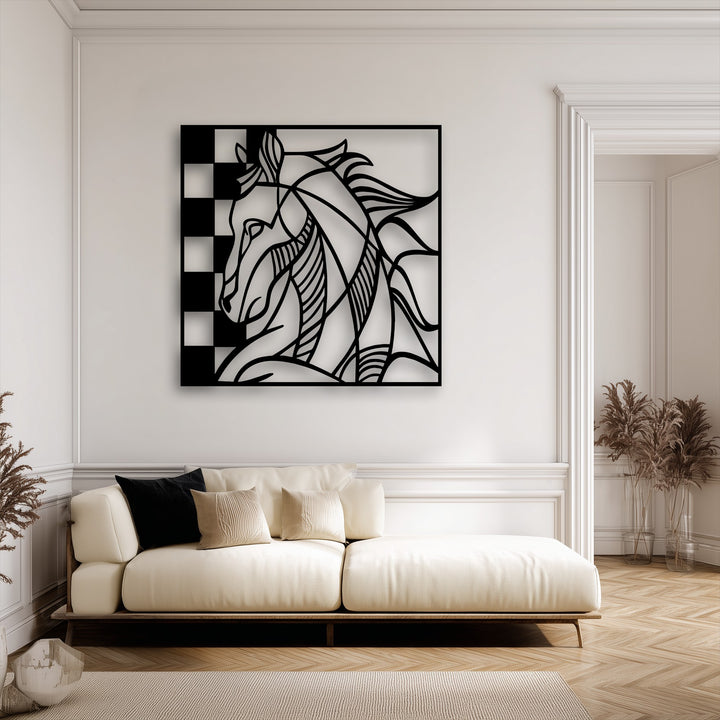 The layering effect of this abstract horse head unique metal wall art creates a captivating shadow depth against the wall.