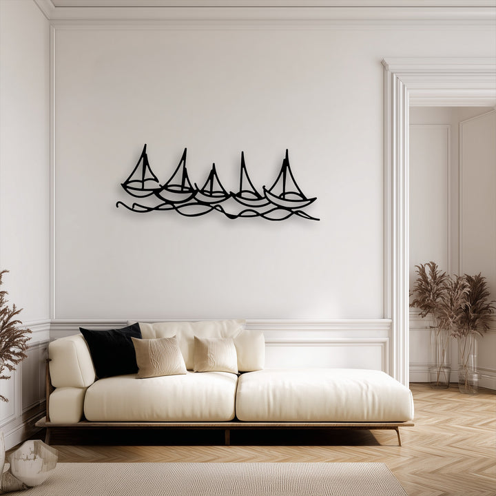 Stillness captures the essence of this 'Sailing Rhythm' decoration wall art, showcasing minimalist sailboats sailing calmly on gentle waves.