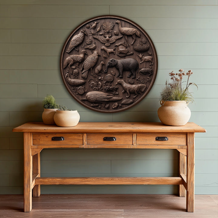 The focal point shows intricate wildlife carvings on a rustic wood surface, a unique oil painting decoration perfect for a farmhouse or nature-themed interior.