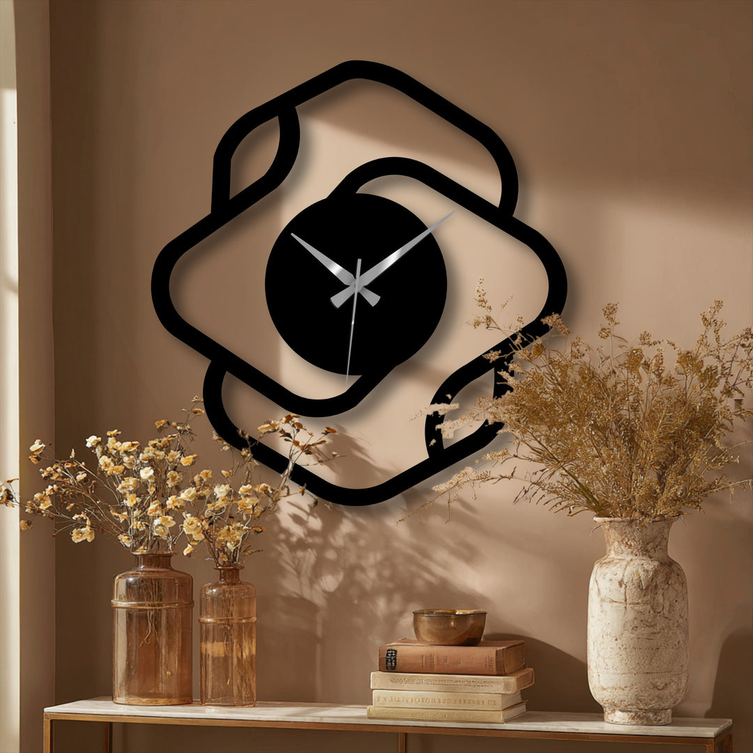 Warm, tan-colored wall creates a simple backdrop for this modern abstract square frame metal wall clock, enhancing its decoration wall art appeal.
