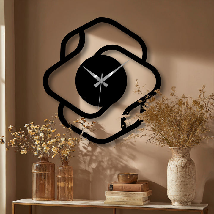 Warm, tan-colored wall creates a simple backdrop for this modern abstract square frame metal wall clock, enhancing its decoration wall art appeal.