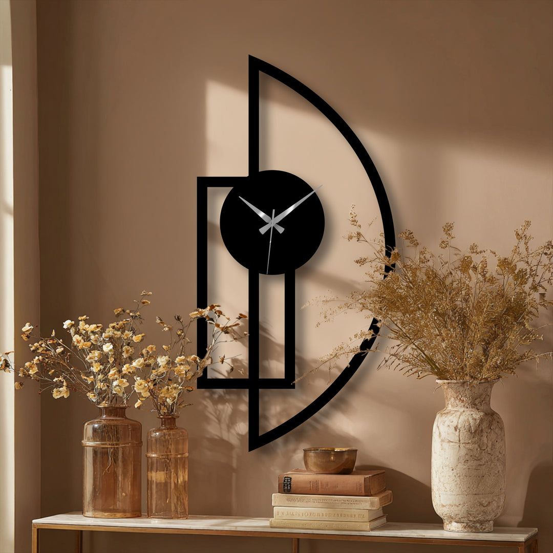 Soft sunlight illuminates the wall, contrasting with the geometric metal artwork of this minimalist half moon wall clock, a striking piece of glass wall art decor.