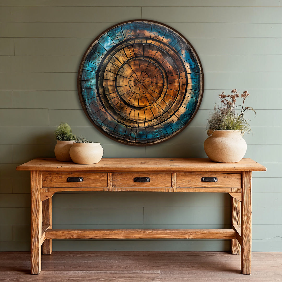 Negative space around the spiral copper-and-teal abstract wood artwork highlights the concentric rings, creating a striking modern oil painting decoration.