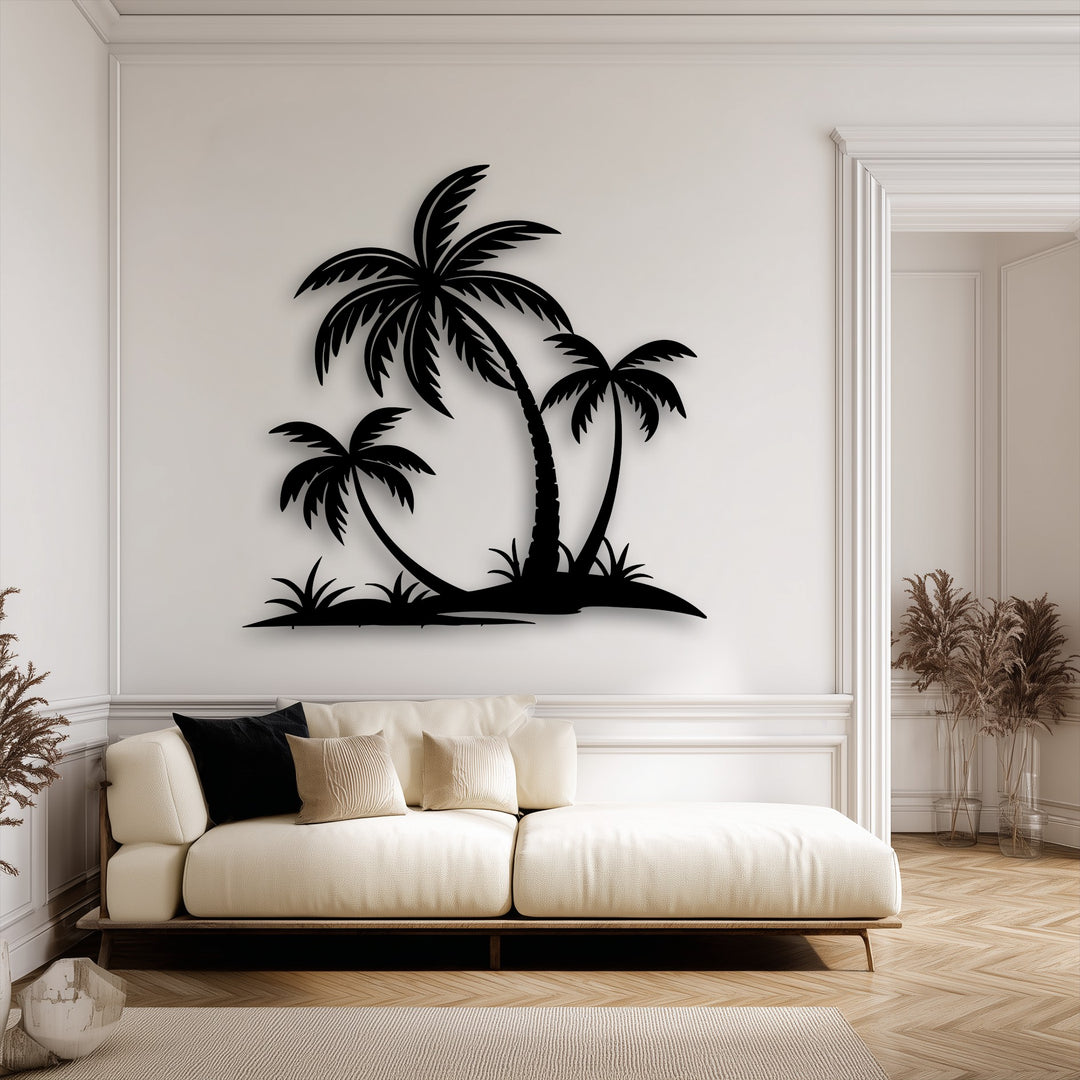 The central subject features a striking black tropical palm tree island silhouette, a piece of unique metal wall art, on a bright wall.