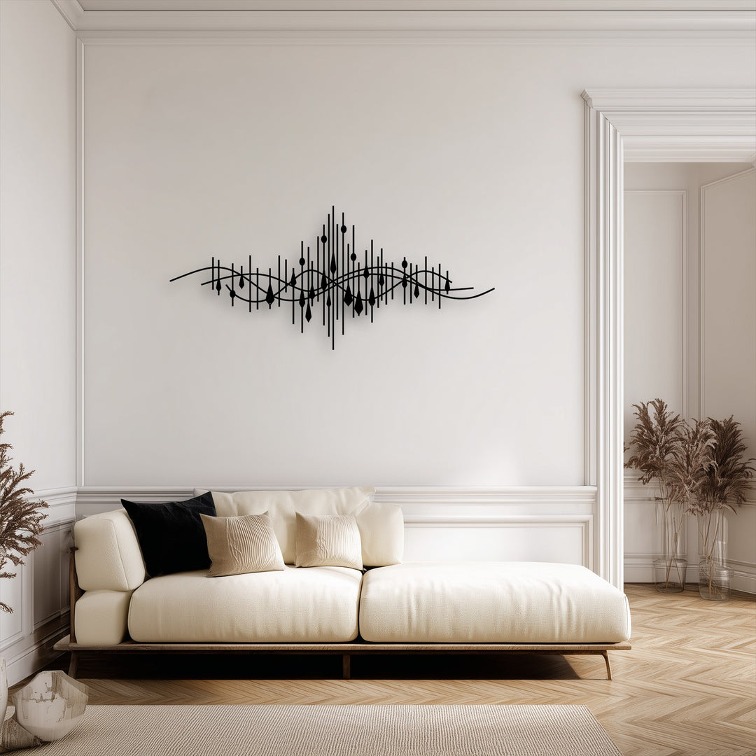 The captivating layering effect of this abstract soundwave line metal artwork beautifully enhances the minimalist wall decor.