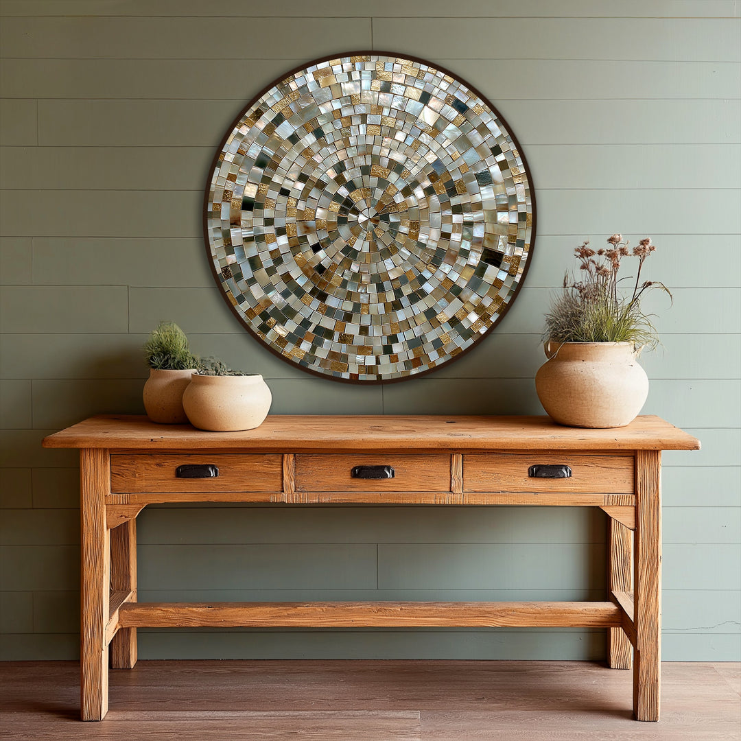 Realistically detailed oil painting art piece showcases a golden spiral harmony with a mosaic pattern, reflecting an elegant texture in this round wall art.