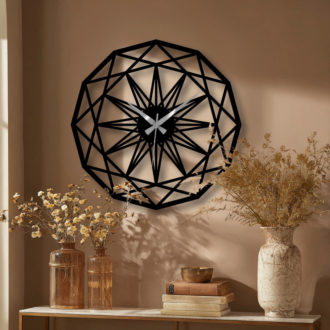 Light and shadow play across the geometric star pattern metal art for wall clock, highlighting its intricate, angular design on the subtly textured wall.