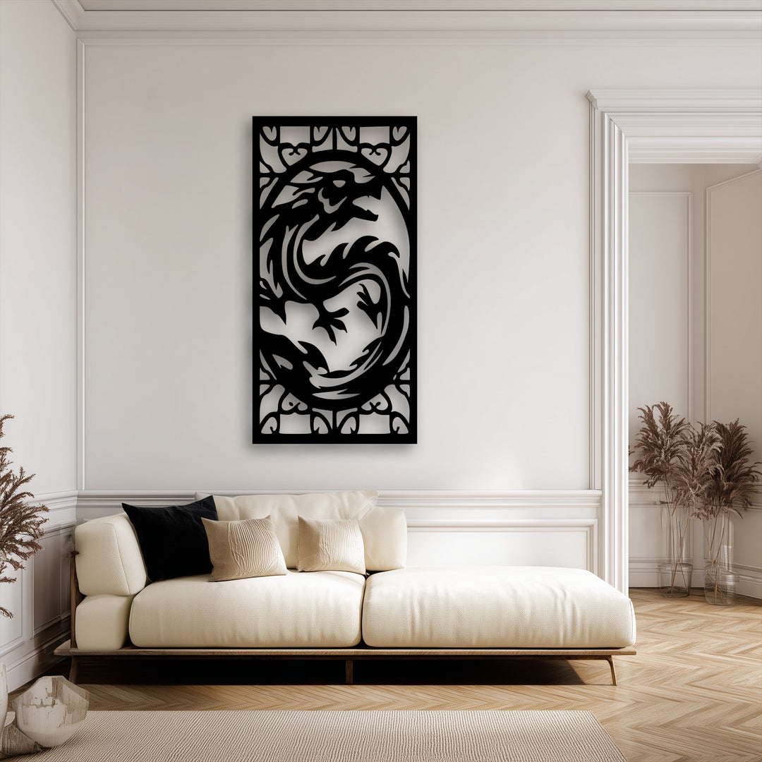 Through its intricate cutouts, the decorative metal art dragon creates striking depth and layers against the wall, highlighting the mythical creature.