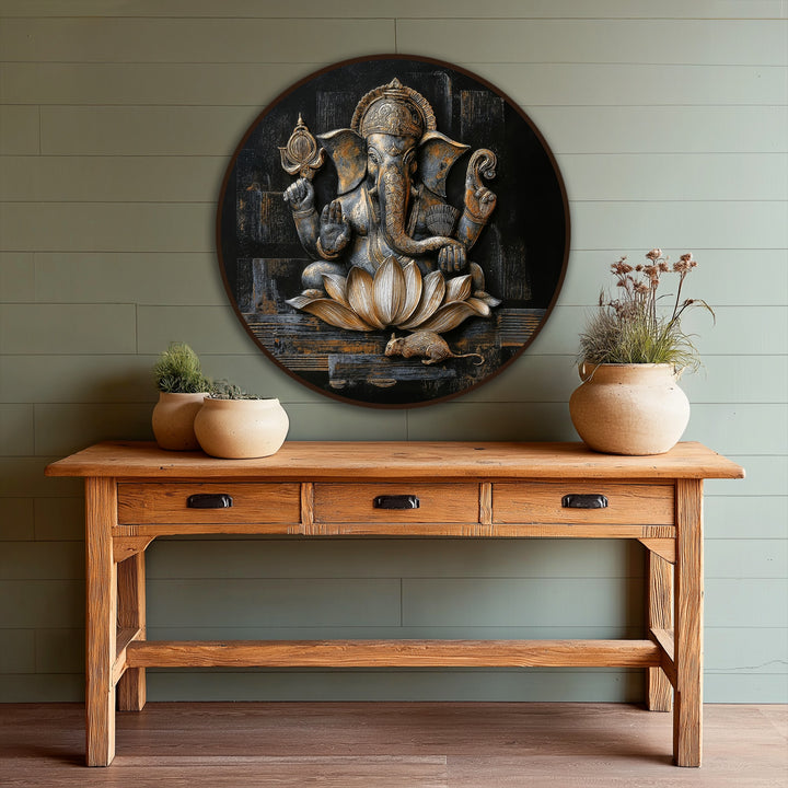 The abstract quality of the round, bronze and gold toned Ganesha lotus oil painting artwork features intriguing textures and spiritual symbolism.