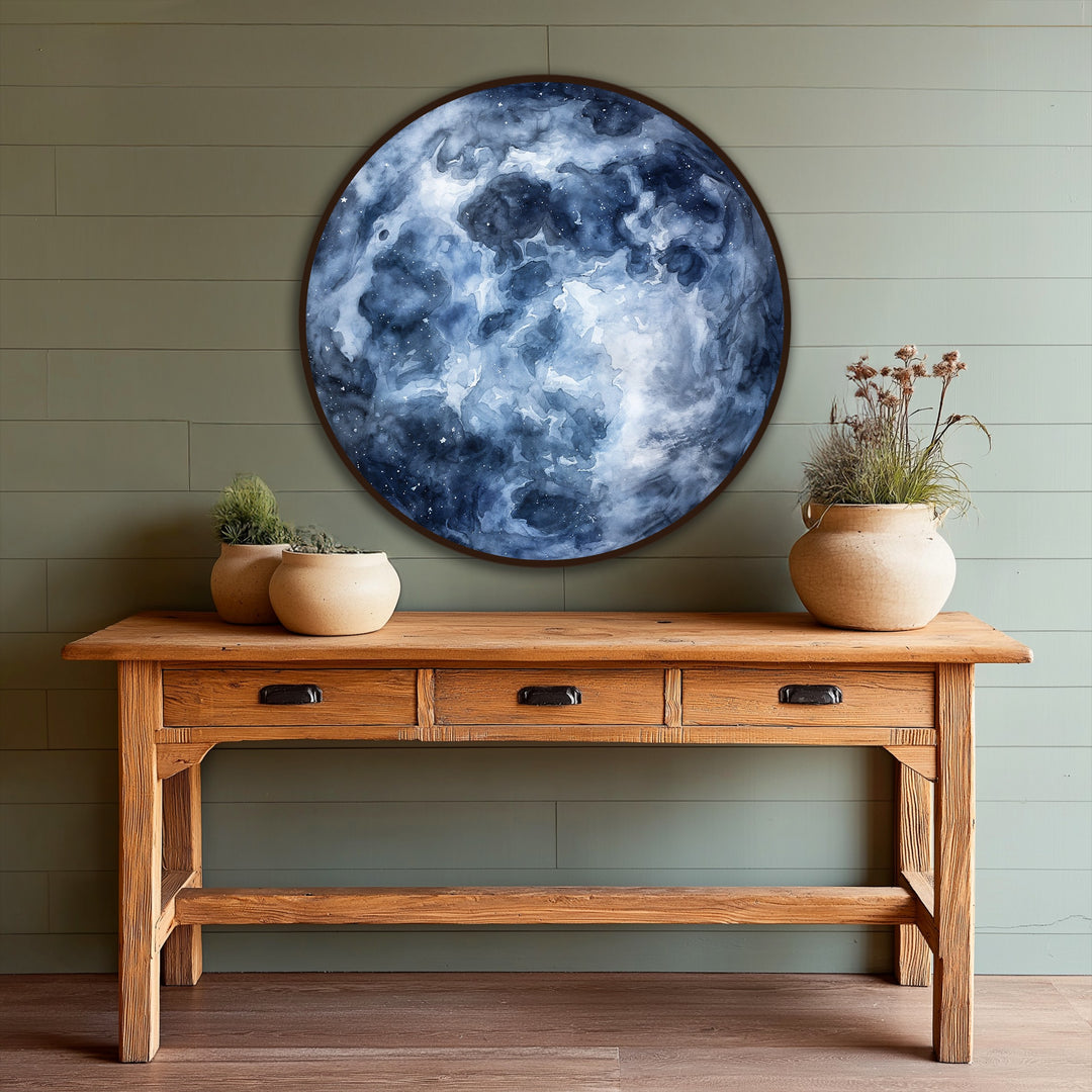 Showing the realistic detail of the textured brushstrokes and cosmic dust, this deep blue abstract round oil painting home decor depicts a midnight nebula.