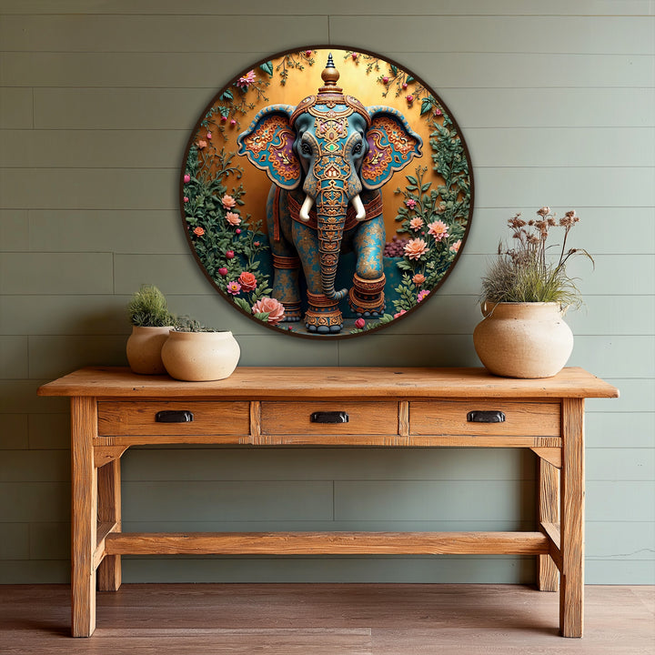 Framing the colorful floral Ganesha round design is an ornate edge and borders that enhances this traditional oil painting artwork.