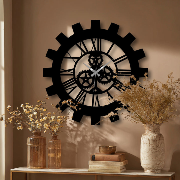 Negative space highlights the gear design in this decoration wall art clock, with cut-out Roman numerals adding to its loft-style look.