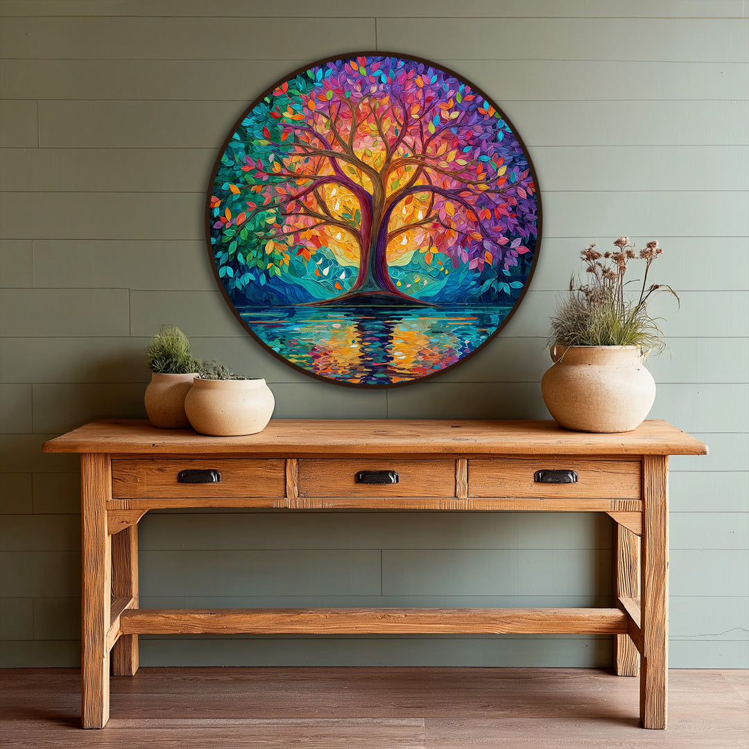 Evoking a warm and inviting mood, this radiant spectrum tree, a colorful abstract oil painting reproduction print, reflects vibrantly in still waters below.