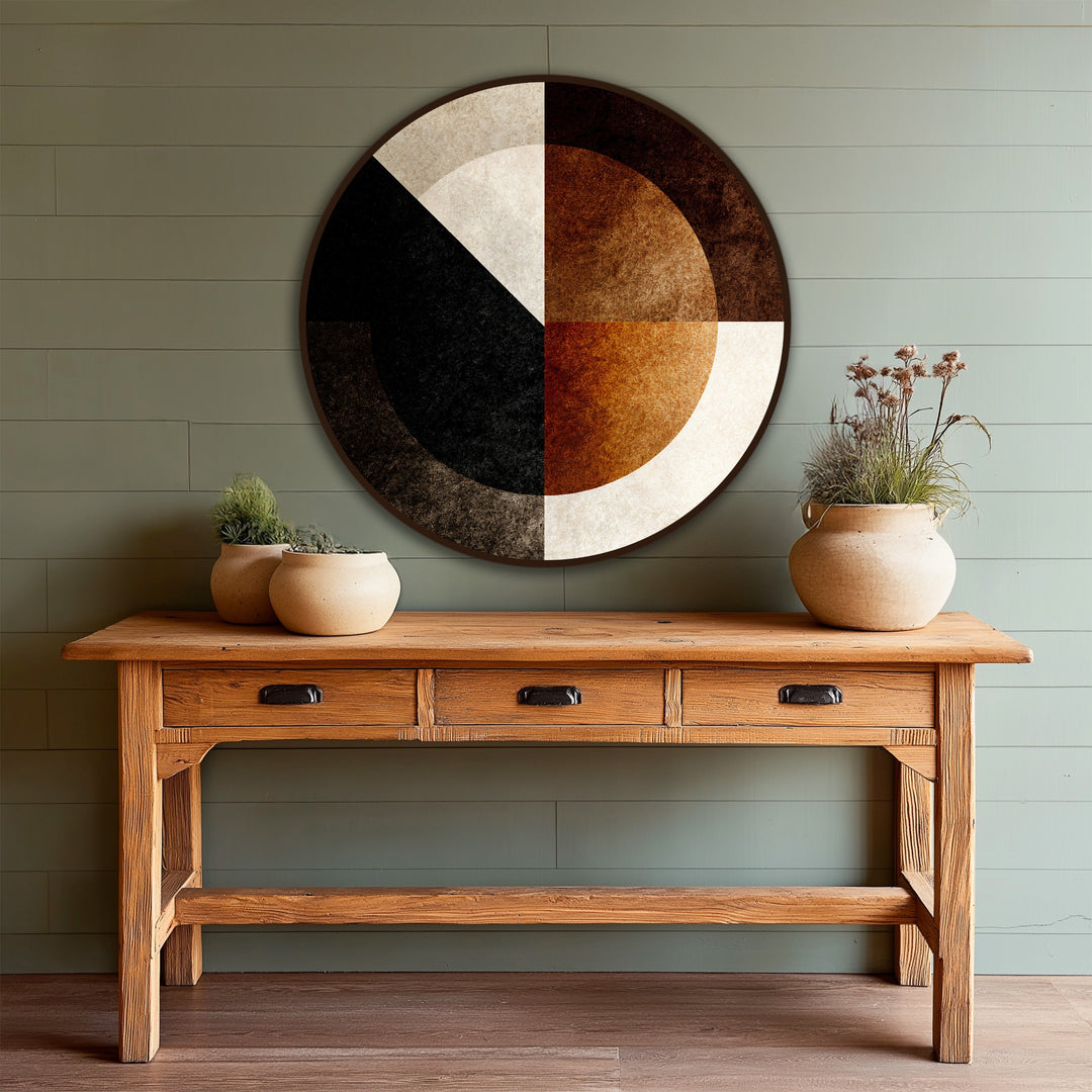 Geometric oil painting on wood showcases striking circular compositions with contrasting geometric elements in quadrants, a modern oil painting reproduction print.