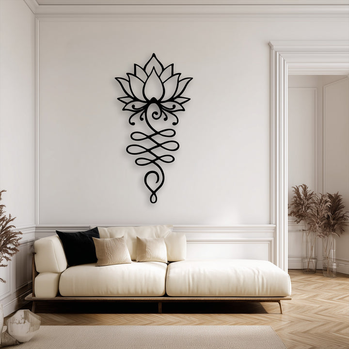 The subtly saturated tones highlight the elegant black lotus flower symbol metal wall art, a calming decoration wall art above a neutral sofa.