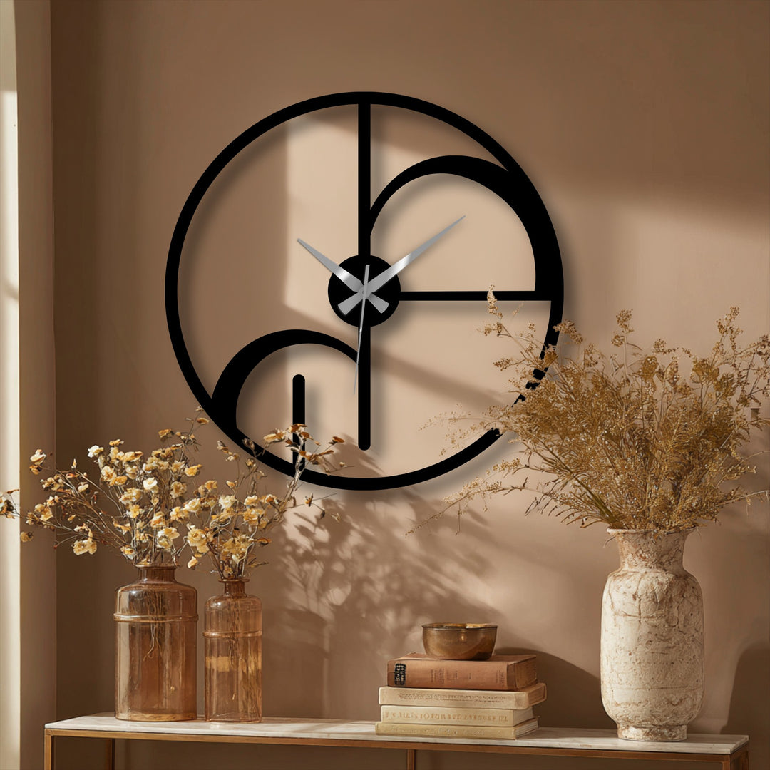 Featuring a modern design, the abstract geometric circle of this unique metal wall art clock is the loudest element.