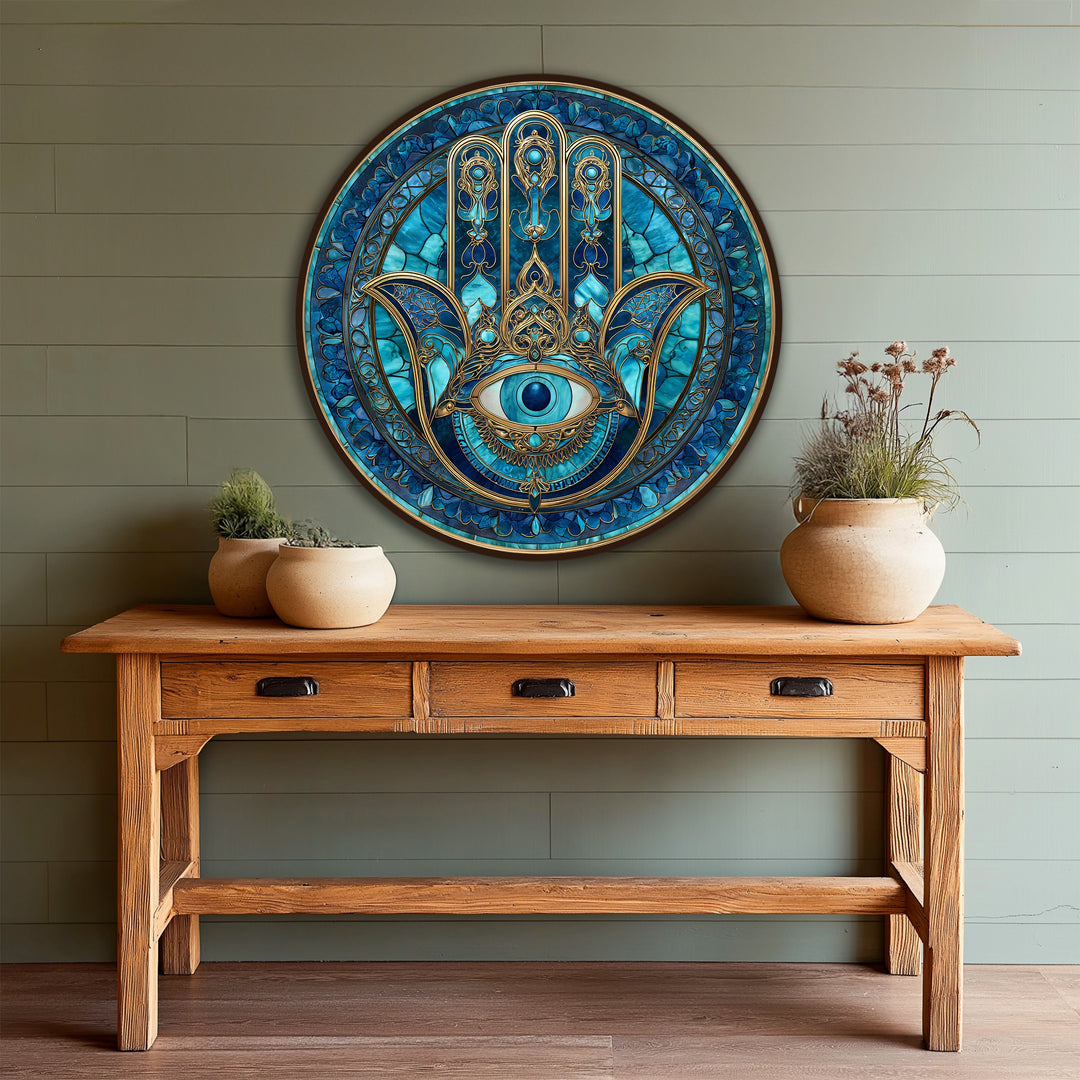 With its cooler color temperature, this vibrant blue Nazar Hamsa protective eye round oil painting wall art radiates a calming and spiritual energy.