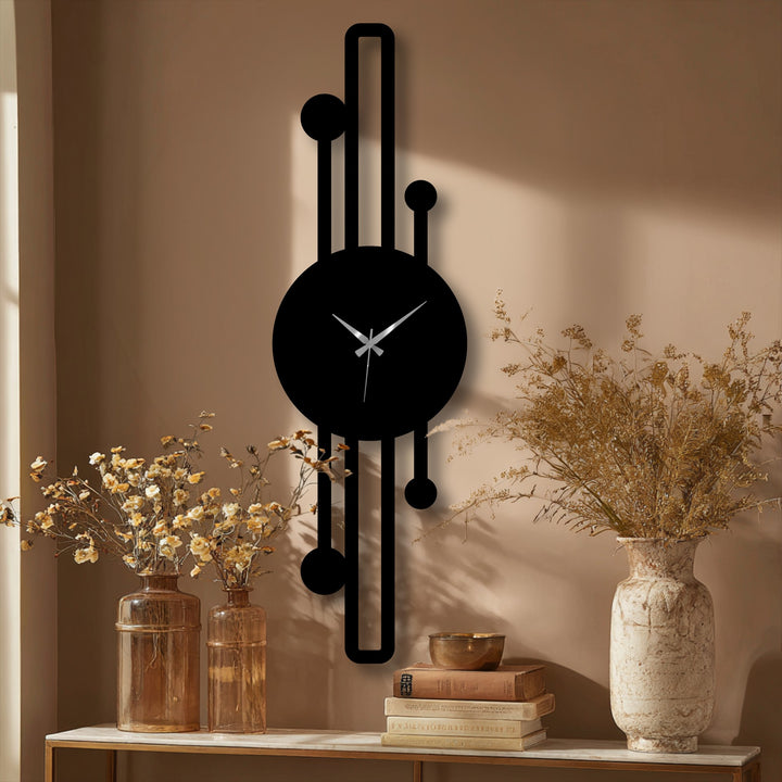 Smooth surface texture contrasts with the geometric lines on this vertical minimalist metal artwork clock, offering a modern home decor aesthetic.