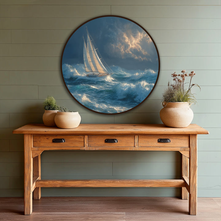 Undulating ocean waves and billowy clouds compose the organic forms in this dramatic sailing boat round oil painting wall art, a symphony of curves and swells.