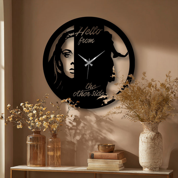 Featuring a bold artistic portrait, the dual face metal wall clock stands out as a unique piece of decoration wall art for contemporary home decor.