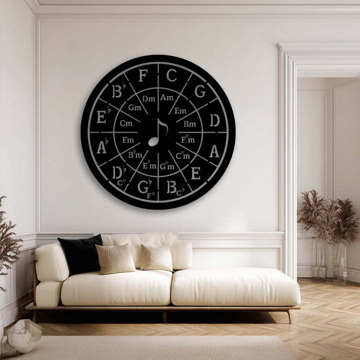The striking black circular Circle of Fifths music theory metal art for wall is the room's focal point, elegantly displaying musical keys.