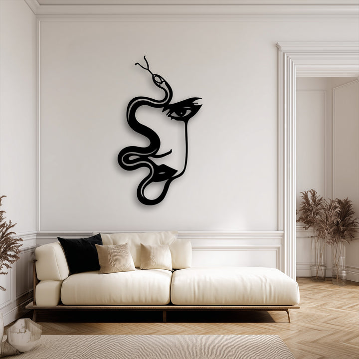 The high-quality metal wall art features a sleek black abstract woman and serpent silhouette, offering durable decoration wall art.