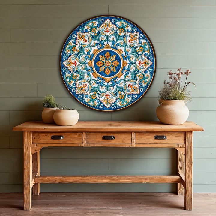 Vibrant color contrast defines this ornamental mandala round oil painting wall art, its azure and gold hues creating a captivating Mediterranean-inspired focal point.