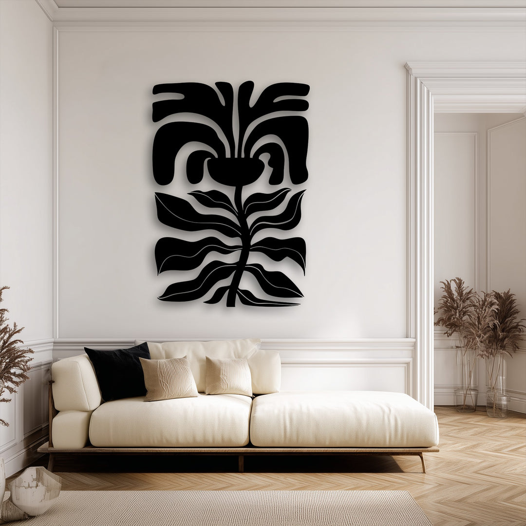 Observe the elegant, smooth surface texture of this abstract floral face metal artwork, a modern botanical line decor piece.