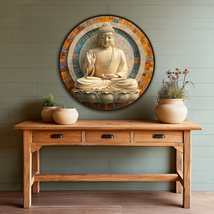 Detailed surface texture shows the raised oil paint strokes of a modern oil painting art piece depicting a serene Buddha with a mosaic halo.