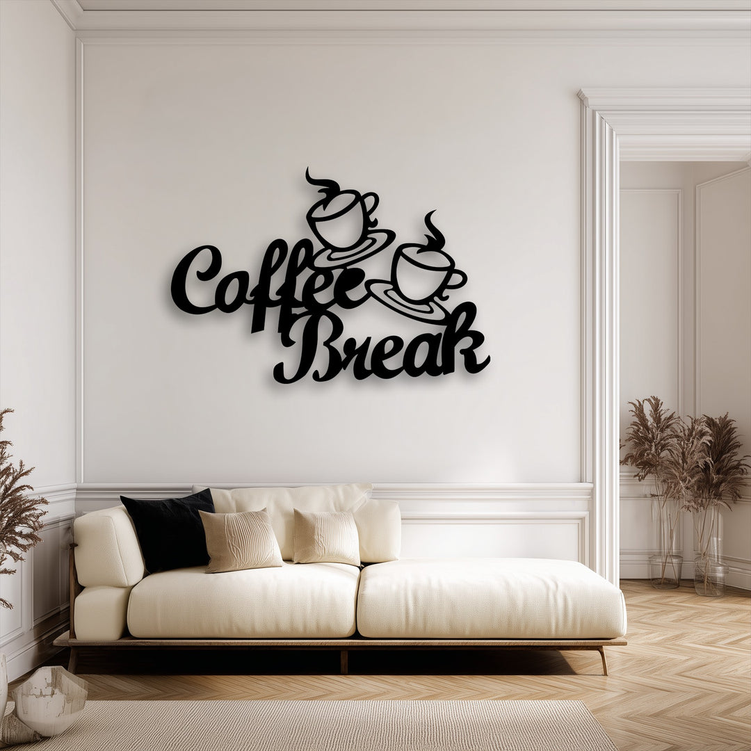 The distinct layering effect is showcased by this unique metal wall art, where the 'Coffee Break' script creates a captivating shadow against the bright wall.