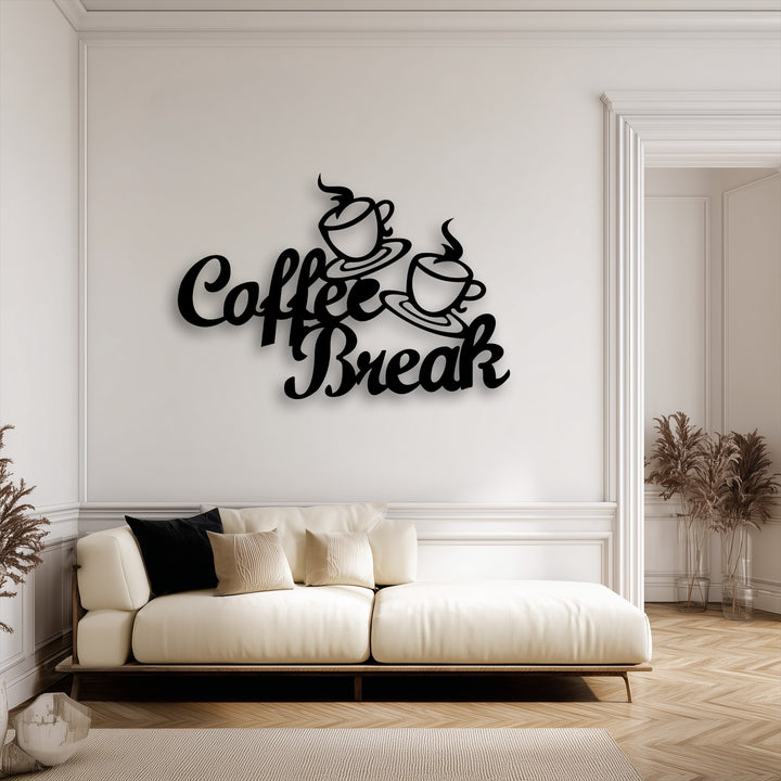 The distinct layering effect is showcased by this unique metal wall art, where the 'Coffee Break' script creates a captivating shadow against the bright wall.