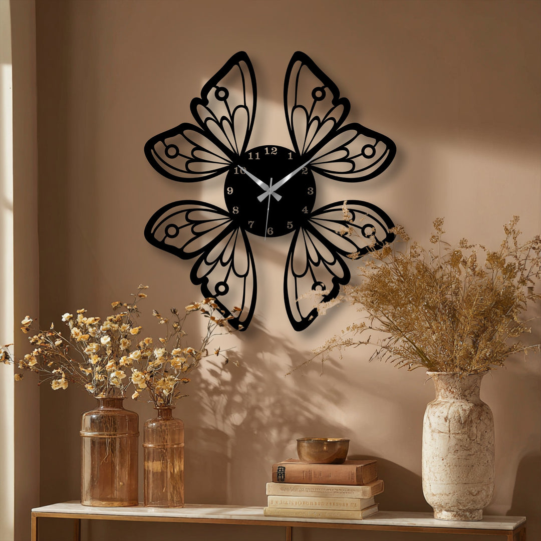 The visual rhythm of the elegant butterfly wings metal wall clock with its symmetrical design creates harmonious decoration wall art.