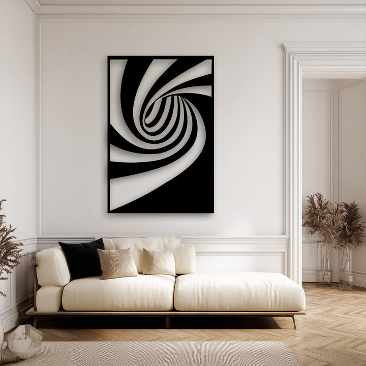 The realistic detail of this Abstract Spiral Flow Metal Wall Art perfectly captures its dynamic black and white geometric twist, an impactful metal art for wall.